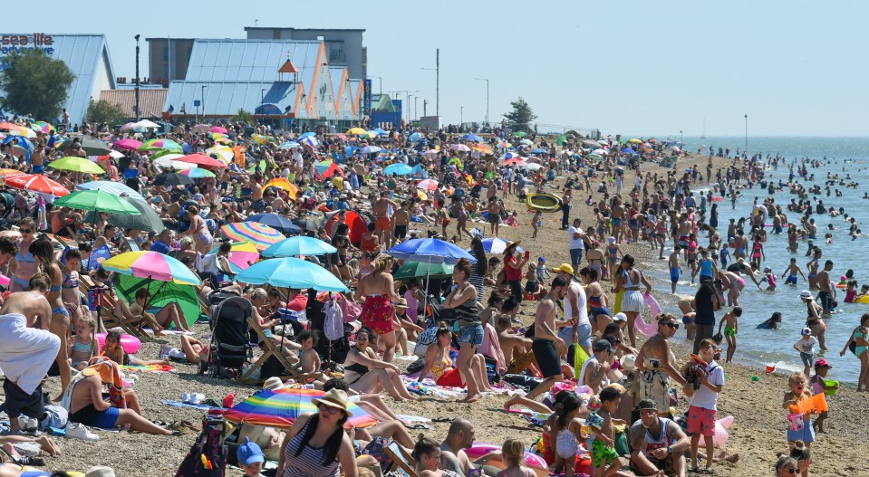 Beaches in Southend-on-Sea were packed today as temperatures hit sweltering heights