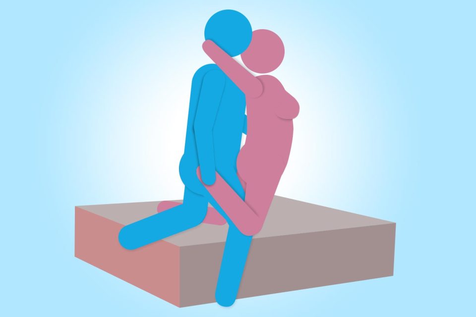 The position involves you both kneeling at the end of the bed while the man holds onto your right leg and passionately grabs your waist