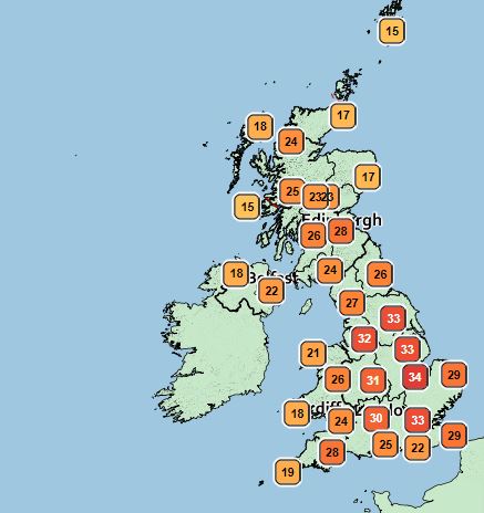 This map shows expected temperatures in the UK from around 4pm, with scorching highs across most of the country 