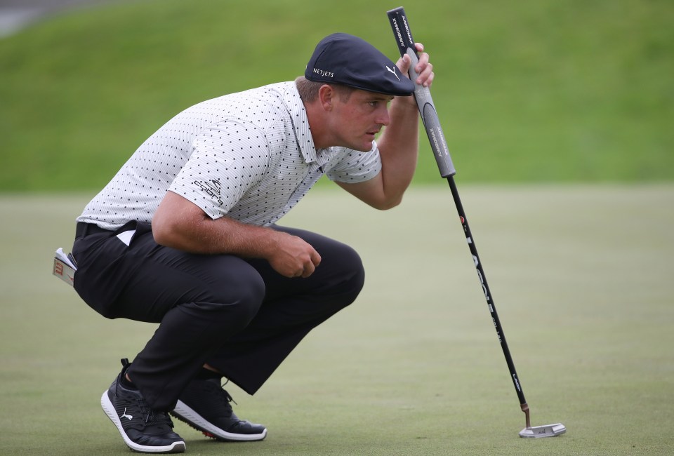 Bryson DeChambeau lines up a putt on the 15th at the USPGA Championship