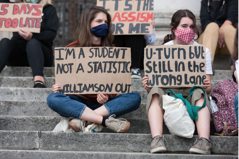 Students in Leeds protest the governments handling of exam results earlier today