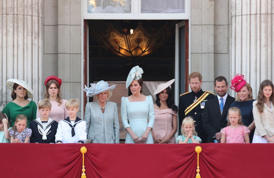 Princess Eugenie and Princess Beatrice are seen on the Balcony for Trooping the Colour with Meghan and Harry