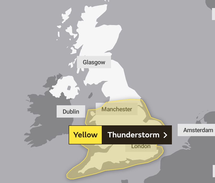 A yellow thunderstorm warning covers most of England and Wales until Monday night