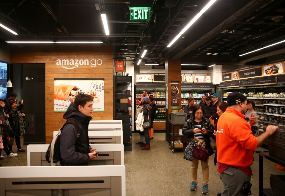 Amazon Go customers shopping in the Seattle, Washington, branch