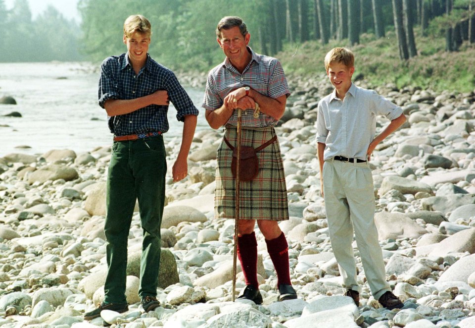 Prince Charles with Harry and William by the River Dee