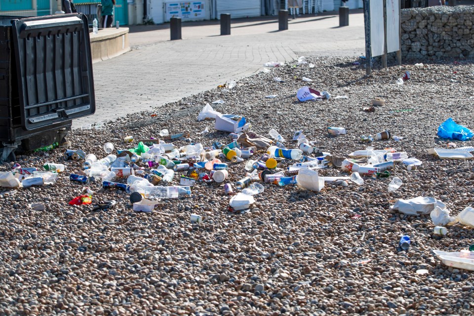 Rubbish is left strewn across Brighton beach by revellers on Saturday