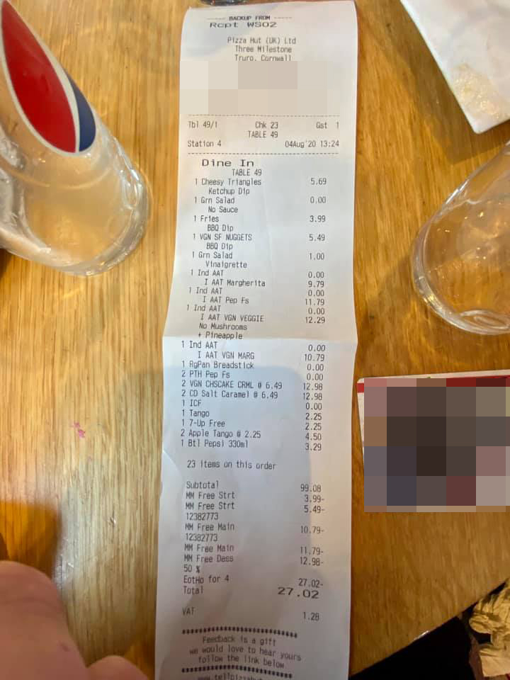 The mum shared her Pizza Hut bill which was reduced to just £27