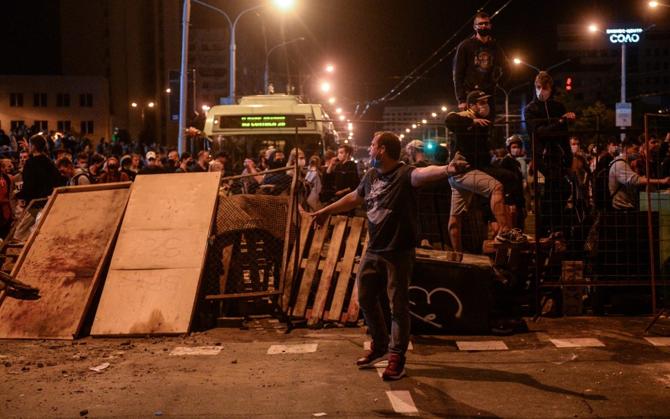 Protesters built barricades to block the streets last night