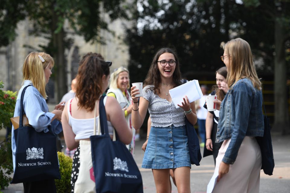 Students at Norwich School chat after getting their results