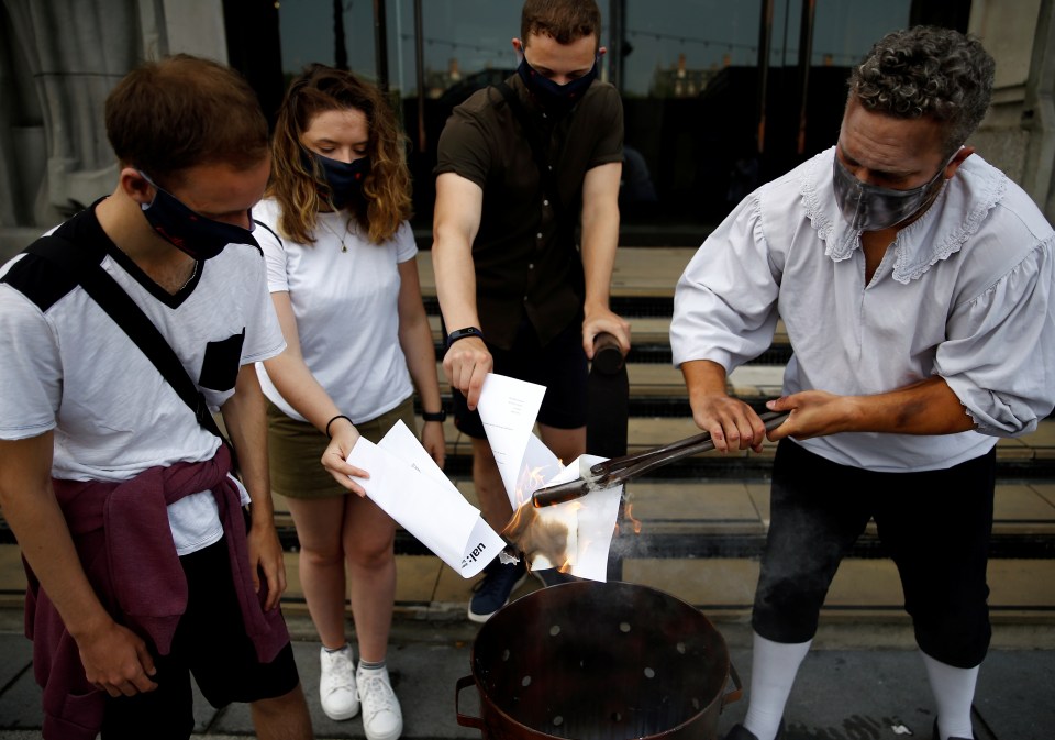 Students burn their A-Level results in London