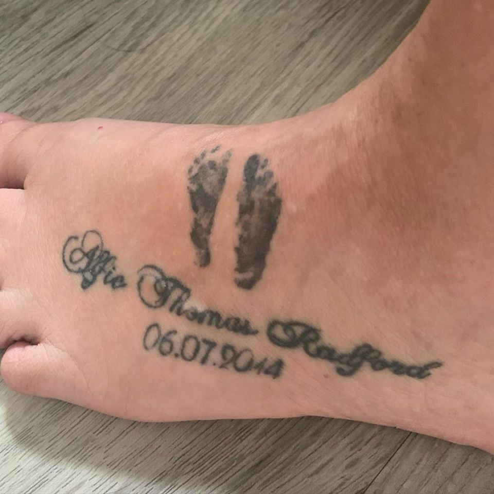 She also has Alfie's footprints, name and birth date tattooed on her foot