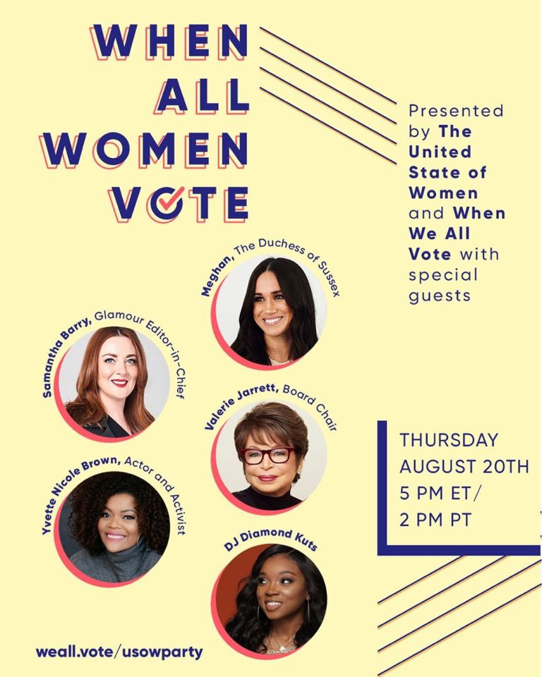 Meghan will join a panel at the When All Women Vote Couch Party available on a livestream from 10pm UK time