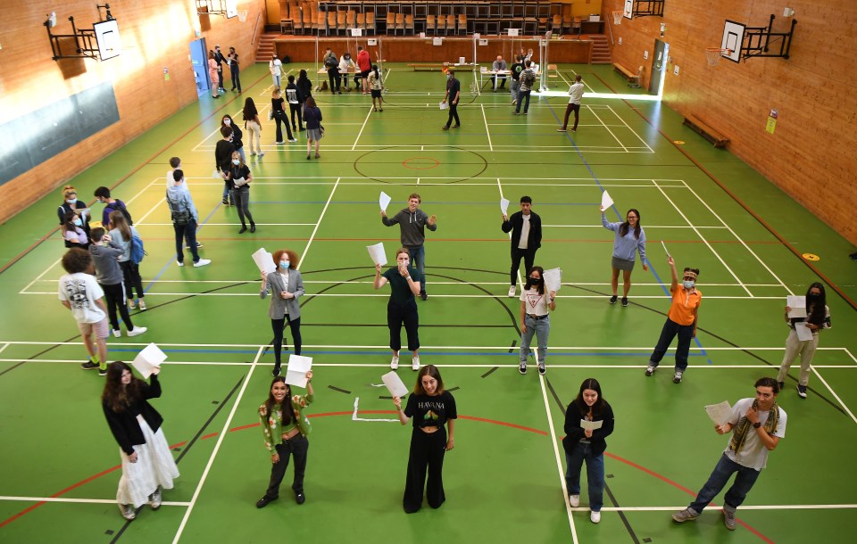 Pupils kept their distance as they picked up their results this morning