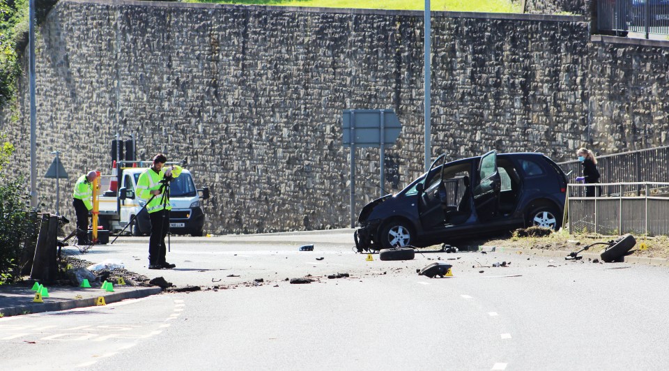 The car mounted the grass verge and demolished the central barrier