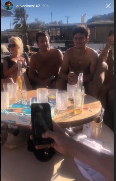 The pair were also seen out with Harry Maguire (second from the right) who was arrested after a bust-up with Greek police