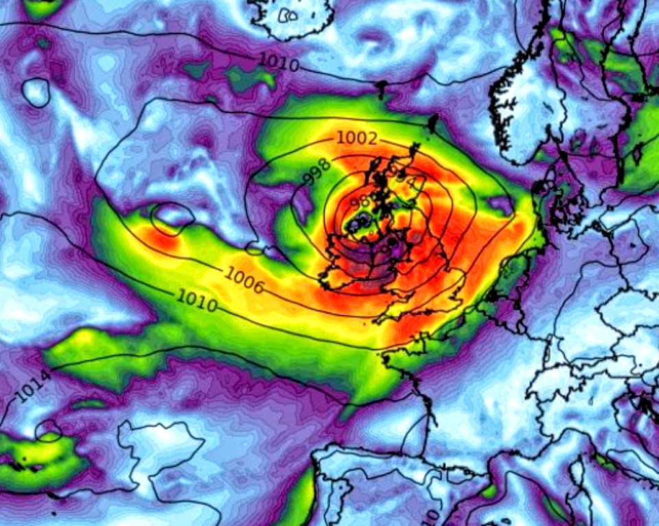 A 700 mile-wide 'Canadian low pressure vortex' is set to batter Britain on Tuesday with winds of up to 60mph