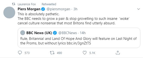 Piers Morgan labelled the decision to scrap the patriotic lyrics 'absolutely pathetic'