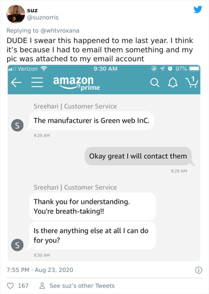 Suz shared a similar exchange she had with a member of Amazon's customer care team