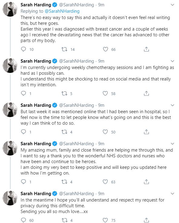 Sarah announced the devastating news in Instagram and Twitter posts