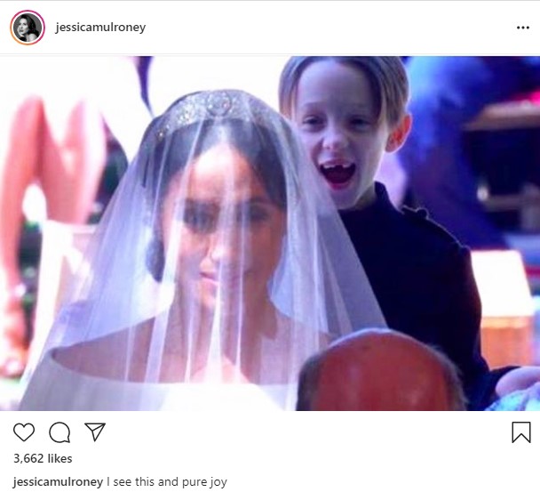 The mum-of-three shared this photo of her son at Meghan's 2018 wedding and said it brings her 'pure joy'