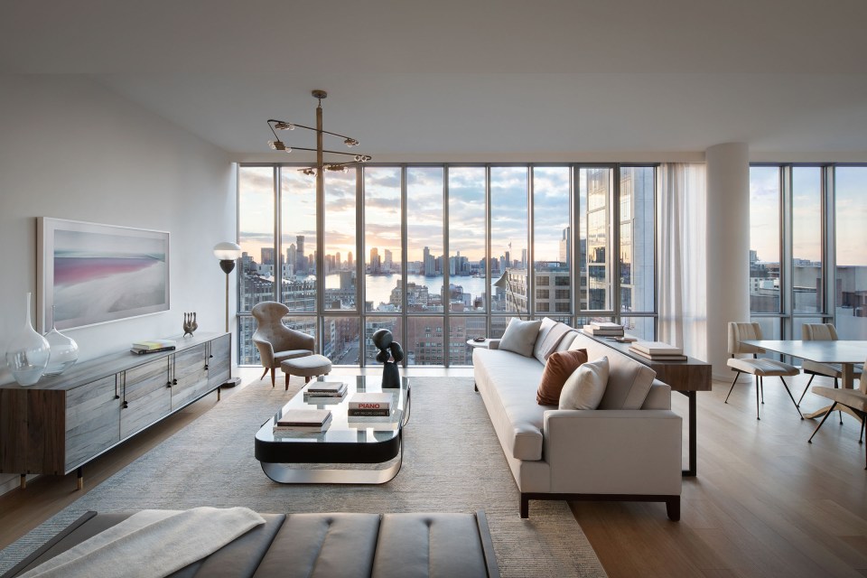 White oak floors can be found throughout the luxury apartment