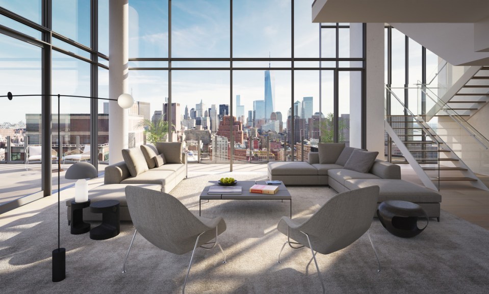 There’s a huge living room with incredible views of New York