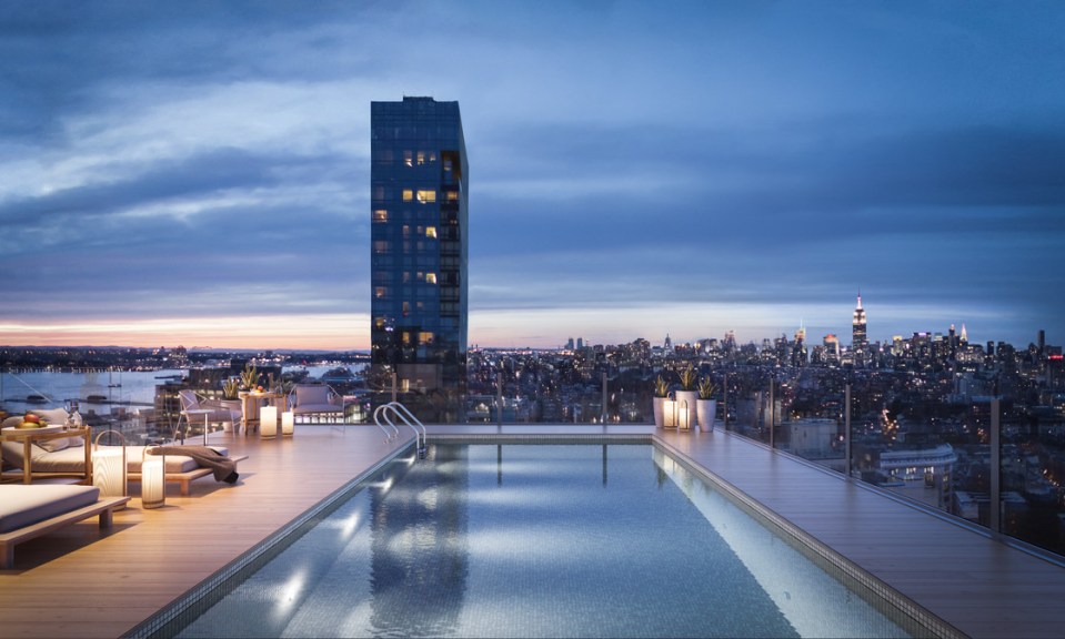 The building has a rooftop swimming pool