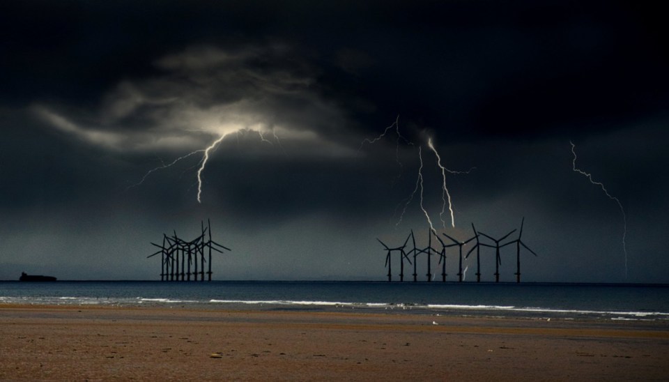 Lightning hits a windfarm off Sandsend beach on Yorkshire in this dramatic moment