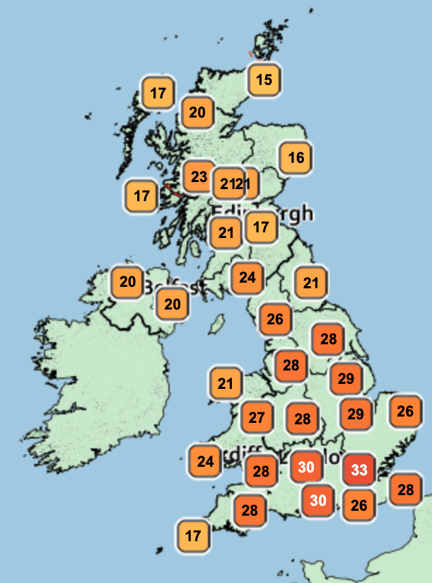 The majority of the UK will bask in high 20Cs and low 30Cs