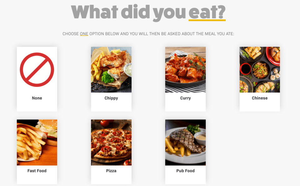 The WorkOffYourDinner calculator asks users to submit what they had for dinner