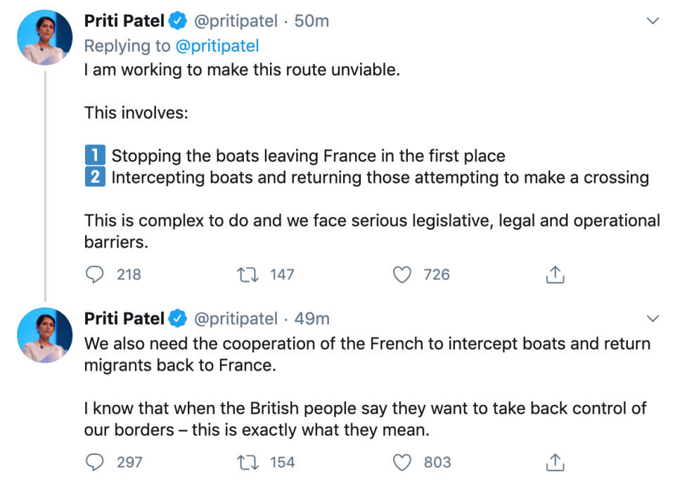 Home Secretary Priti Patel slammed the French for not cooperating