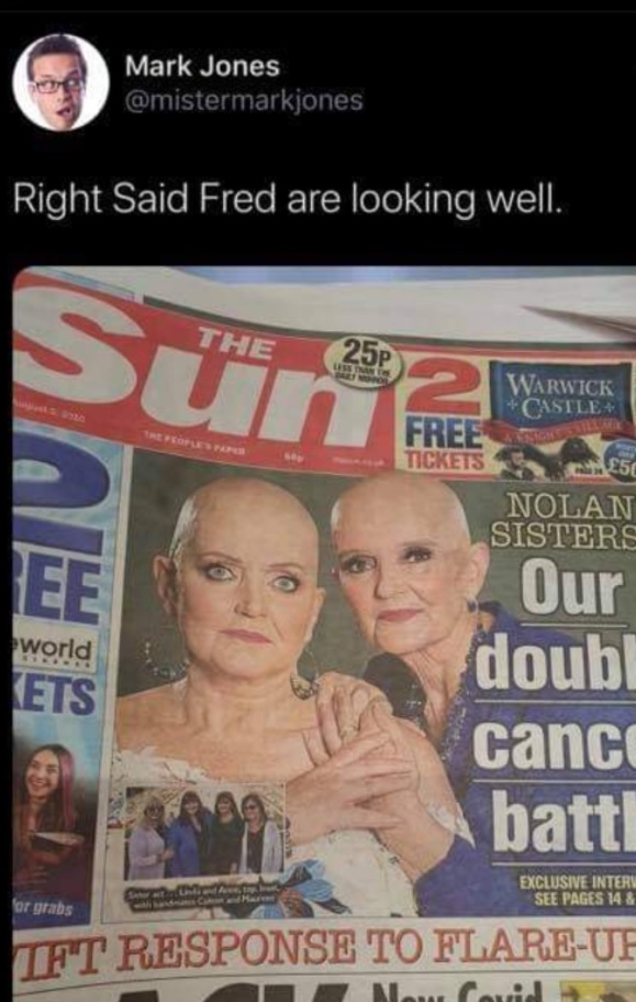 Mark made a vile comment about The Sun's front page with Linda and Anne Nolan