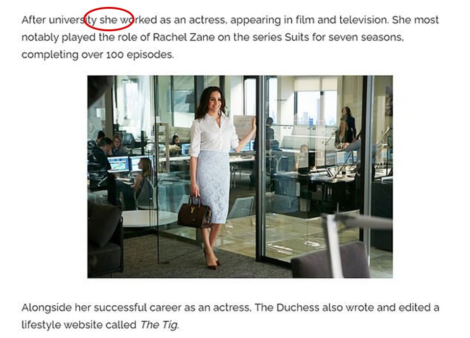 After: The biography's 'Career' section now refers to Meghan as "she" or the "Duchess"