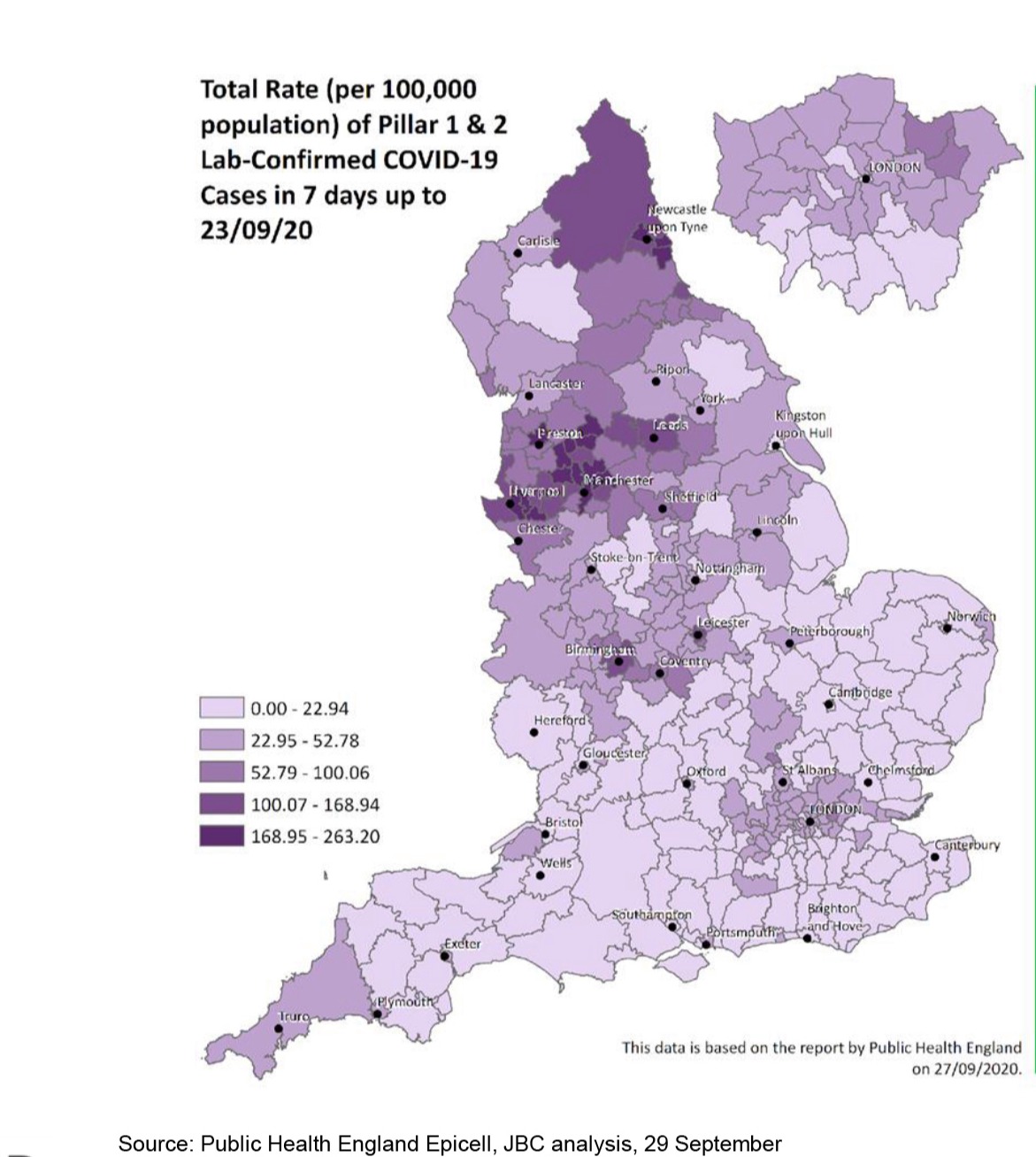 This graph shows how the rate of infection per 100,000 is extremely high in the North East and North West while the South remains relatively stable