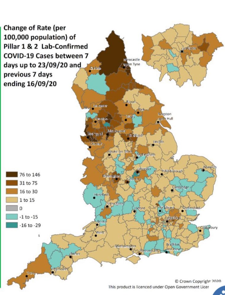 A government graph shows the sharp rise in the infection rate per 100,000 people in the North West, North East and in the Midlands in the seven days up to September 23