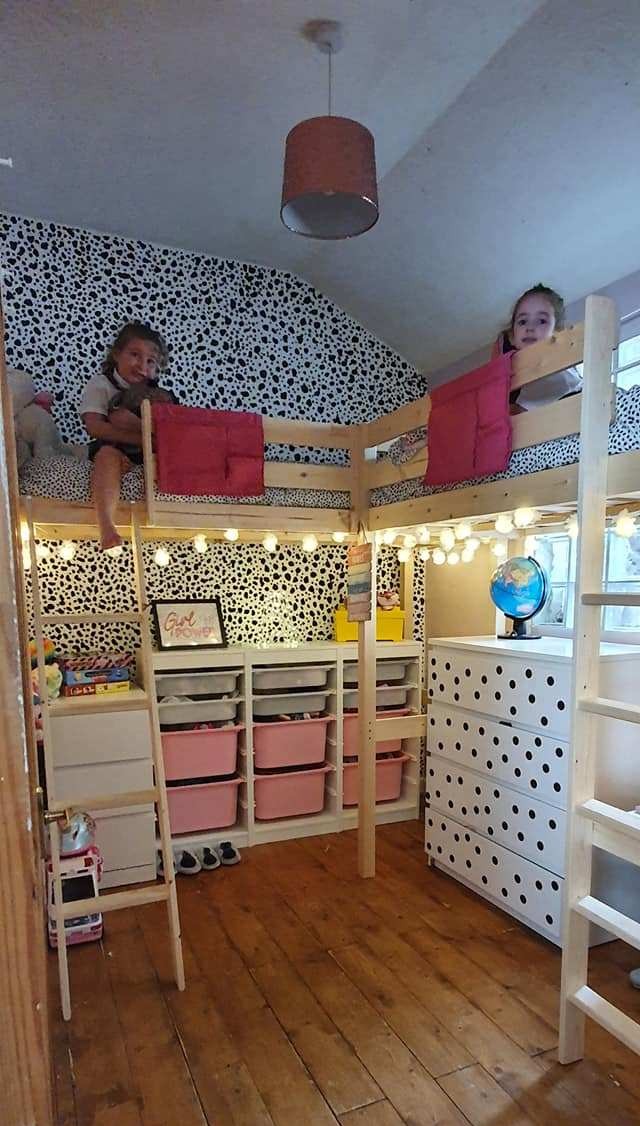 Rather than bunkbeds, mum Jessica created two high sleeper beds for her daughters