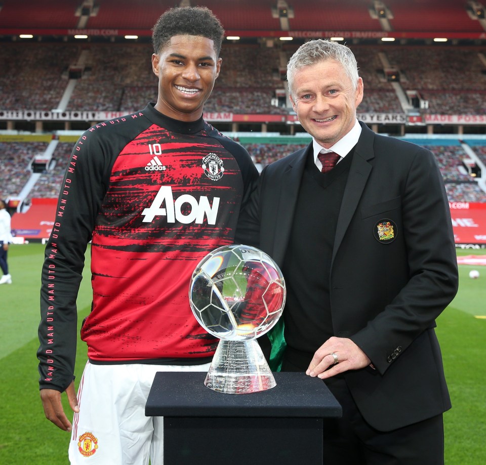 Marcus Rashford is given his goal-of-the-season award by Man Utd boss Ole Gunnar Solskjaer before kick-off but it was no consolation