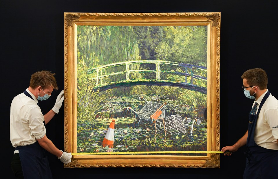 Banksy added shopping trolleys and a traffic cone to Monet's original for his 2005 painting