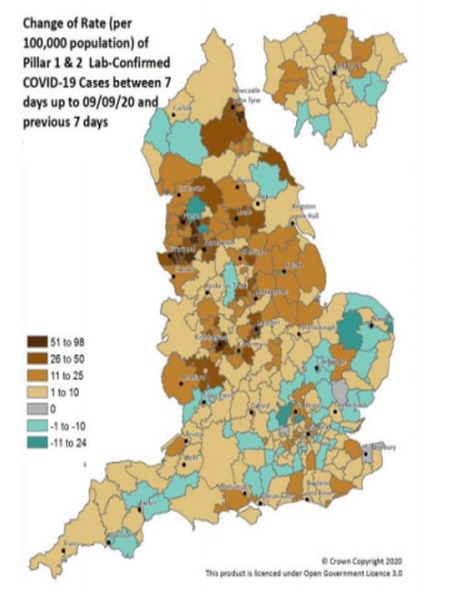 This map shows how quickly the rate of transmission is changing in the seven days up to September 9, with the spread accelerating in all but the blue areas