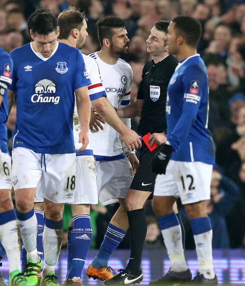 Diego Costa saw red after clashing heads with Everton star Gareth Barry for Chelsea in March 2016