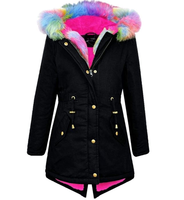 This coat will appeal to girls with its rainbow faux fur hood