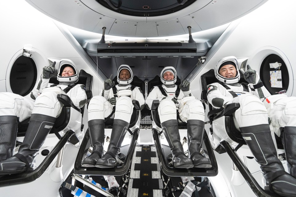 The mission's crew are (left to right): Nasa astronauts Shannon Walker,  Victor Glover and Michael Hopkins, as well as Soichi Noguchi of the Japan Aerospace Exploration Agency