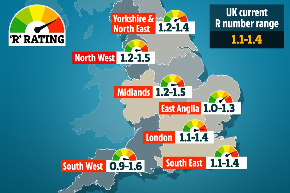 The map above shows the government's current R rate estimates 