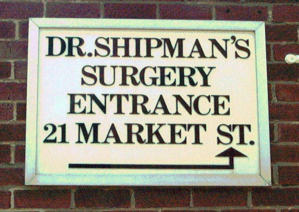 The sign at Shipman's doctor's surgery in Hyde, Cheshire