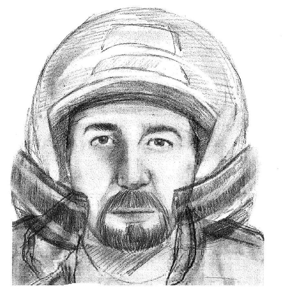 A Surrey Police handout shows an artist's impression of a suspected motorcyclist seen close to the scene