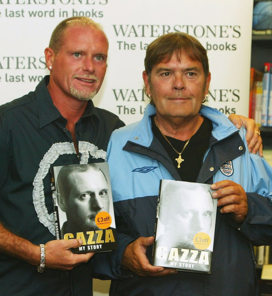 Gazza with his dad at the launch of his book in 2004