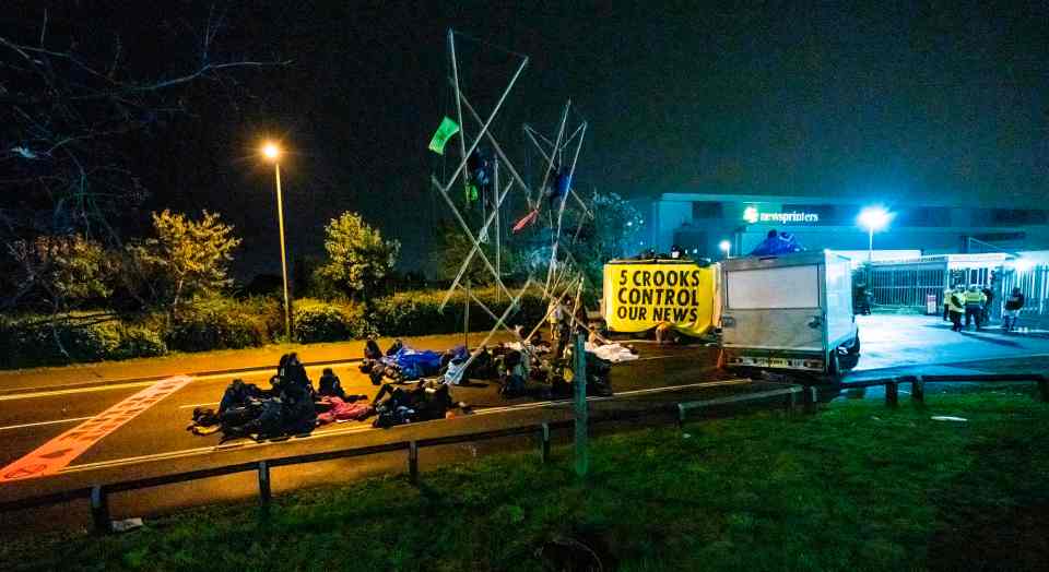 The protestors blockaded two newspaper printing sites on Saturday morning - including The Times, the Daily Telegraph and The Sun