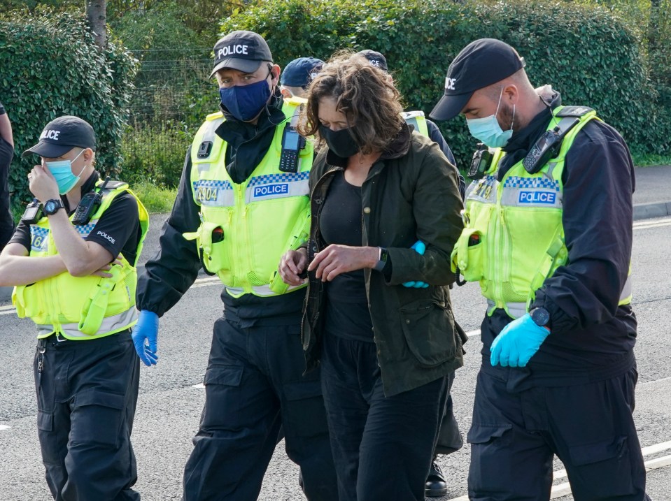 A protester is moved on by police outside the Newsprinters printing works at Broxbourne, Hertfordshire