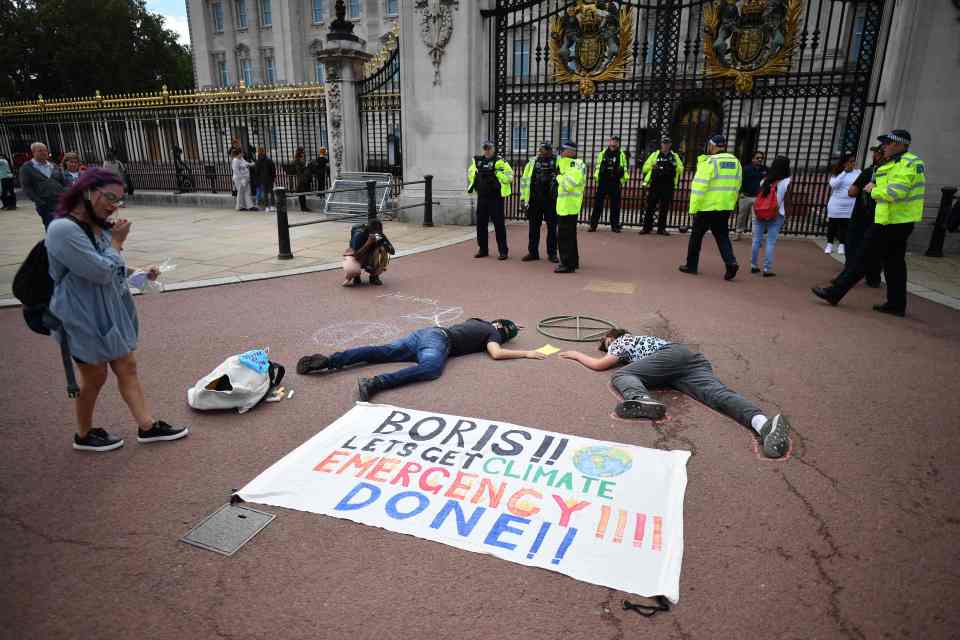 Protesters lay on the ground as cops watch outside Buckingham Palace