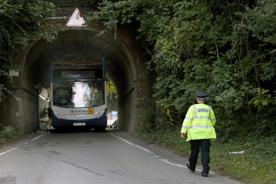  The bus was wedged underneath the railway bridge in Winchester, Hampshire